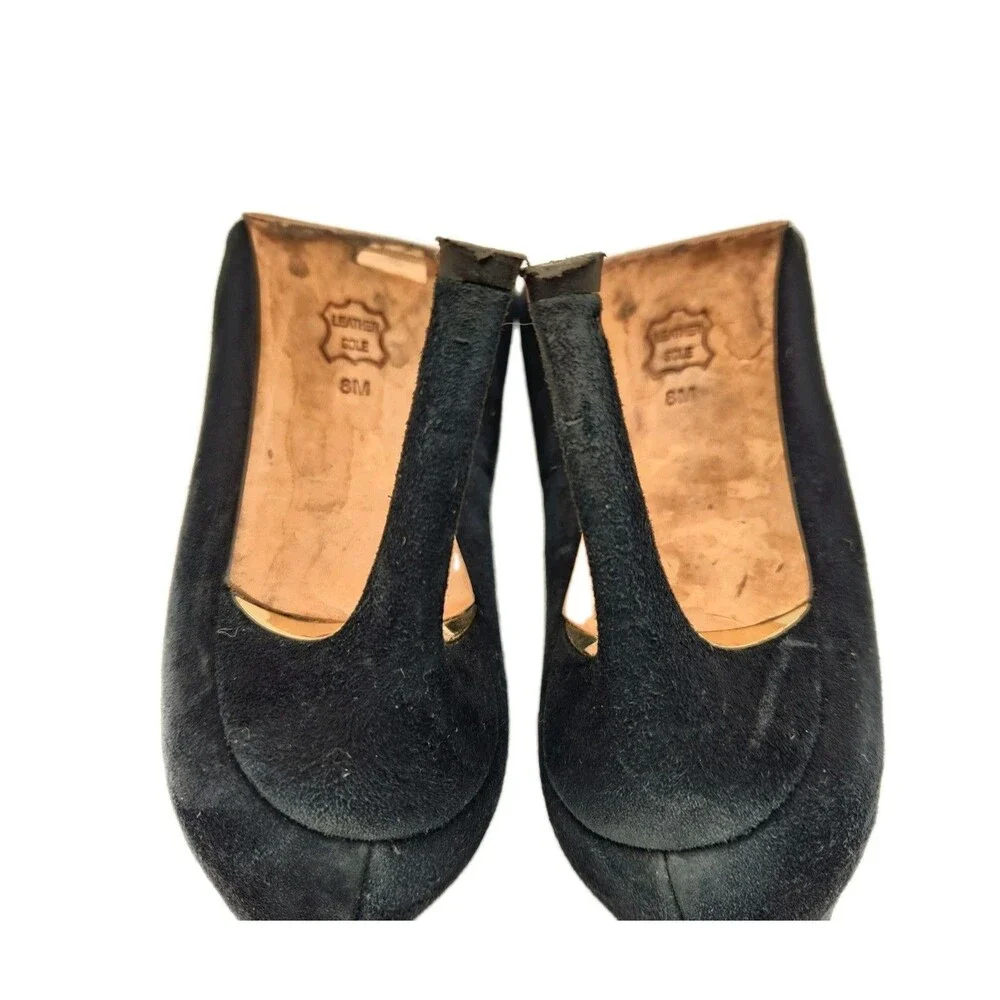 Tory Burch Lanette Black Suede Heels Gold Double T Accent Stiletto 8M Minimalist